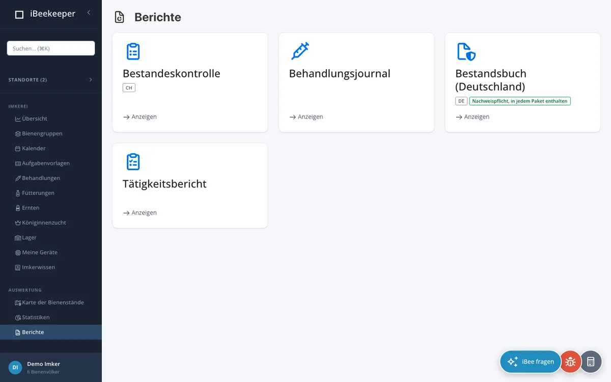 Berichte in der Webanwendung mit dem Bestandsbuch (Deutschland)