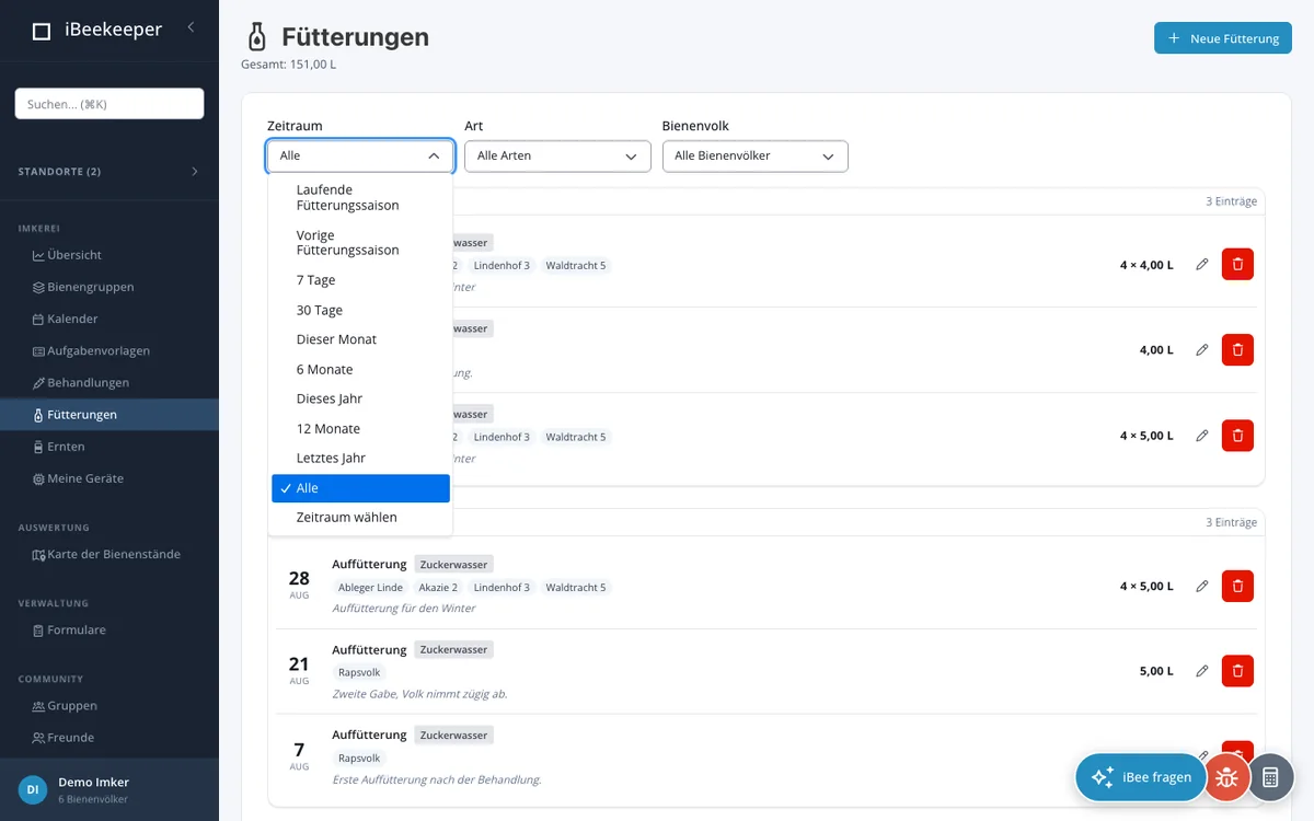 Fütterungen mit Auswahl der Fütterungssaison in der Webanwendung