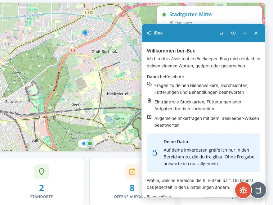 iBee in der Webanwendung: Vorstellung, wobei iBee hilft, und der Hinweis zu deinen Daten