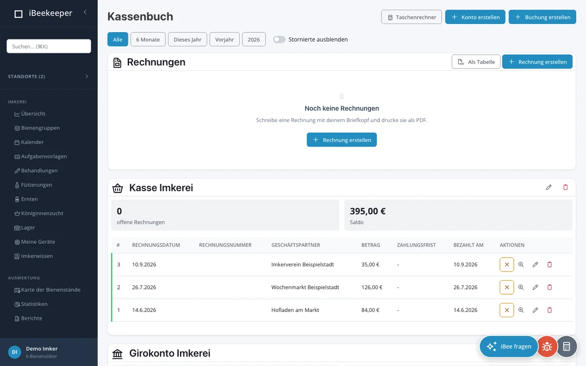 Kassenbuch mit Rechnungen und Buchungen in der Webanwendung