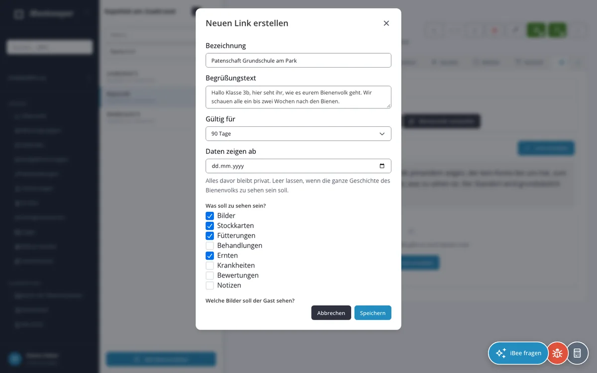 Neuen Patenlink erstellen: Bezeichnung, Begrüßungstext, Gültigkeit und sichtbare Bereiche